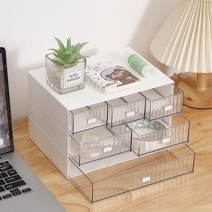 Ykpoqir Desk Organizer Stackable Storage with 6 Drawers Stackable Drawers for Desk Storage, Makeup Storage Accessories, Desktop Accessories with Drawers, White