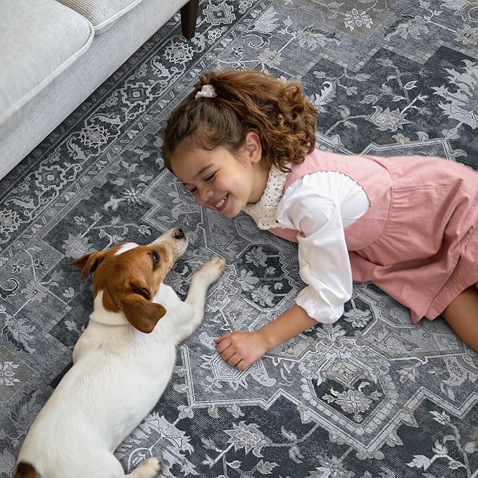 GENIMO 2x5 Runner Rugs for Hallway, Machine Washable Non Slip Vintage Rugs, Low Pile Lightweight Soft Print Rug for enrtyway, Corridor, Home Office, Kitchen,Dark Gray