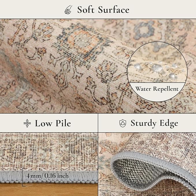 GENIMO 9x12 Area Rugs for Living Room, Machine Washable Non Slip Vintage Rugs, Low Pile Lightweight Chenille Print Rug for Bedroom, Dining Room, Home Office, Oatmeal Beige