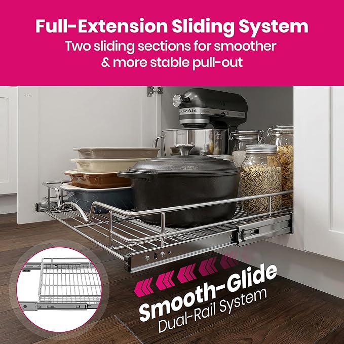HOLDN’ STORAGE Pull Out Cabinet Organizer - Heavy Duty Steel with Smooth Slide-Out Drawers, Chrome Finish - 17" W x 17" D Basket, Fits 18.25" Cabinet Opening