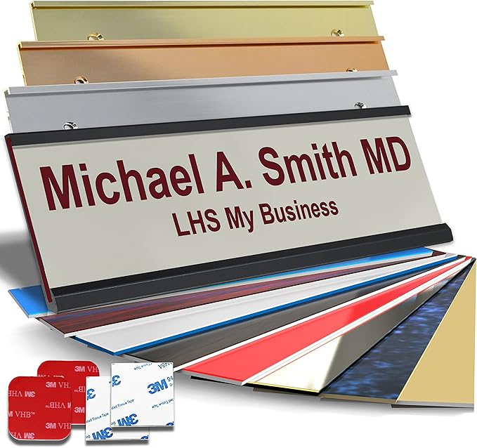 Personalized Name Plate with Choice of Mounting for Walls, Doors, Desk Holders, Cubicles, Hanging and More - Custom Light Gray Plastic Burgundy Letters - USA Made 2x8 - B21