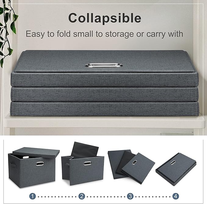 Graciadeco Large 17" 36 Quart Collapsible Stackable Storage Bins with Lids, 5 Packs Dark Gray Foldable Fabric Closet Storage Boxes with Lids Heavy-duty Linen Cube Baskets(17 x 12 x 11)