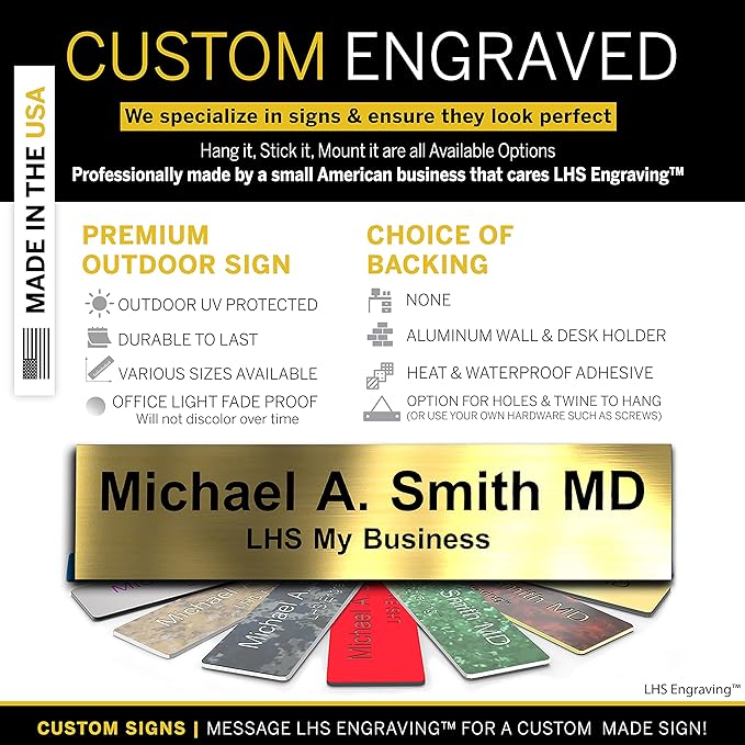 Engraved Name Plates for Door Sign Personalized Brushed Brass Plastic Plaque with Black Letters - Made in USA 2x10 M6