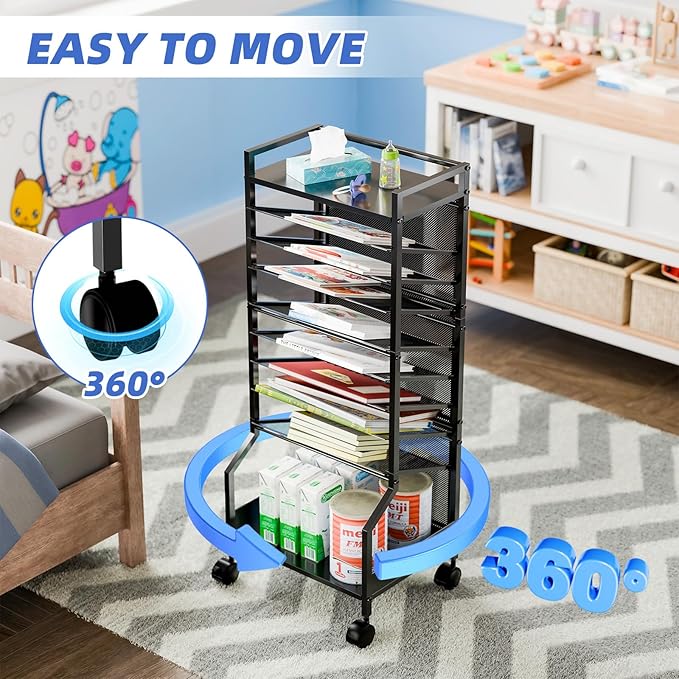 Simple Trending 10 Tier Rolling File Cart, Desk File Organizer with Wheels and Storage Drawers, Legal documents can be stored, Metal Mesh Paper Letter Storage Multi-Functional Clutter Cart, Black