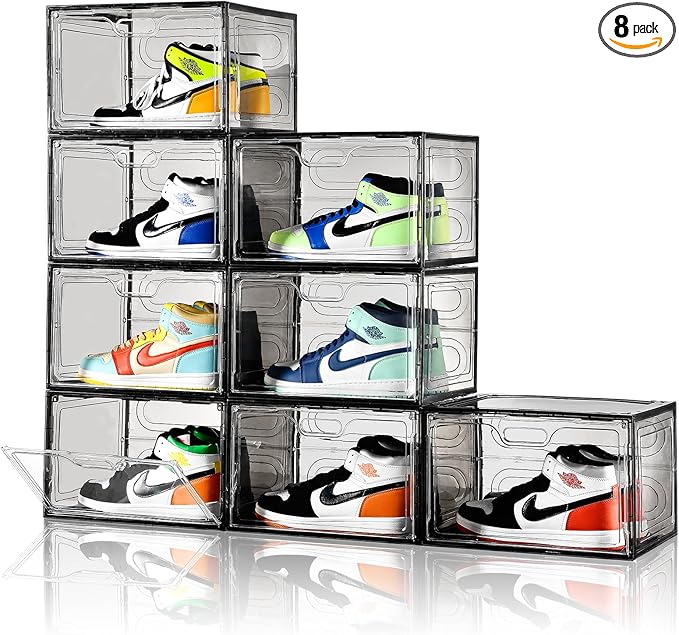 Amllas New Gray 8 Pack Shoe Boxes Stackable, Large Shoe Storage Organizer with Lids,Drop Side Shoe Containers for Entryway,Sneaker Storage Fit up to US Size 13 for Men/Women(13’’x 10.6”x 8.3”)
