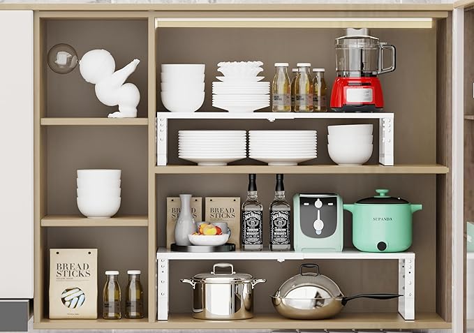 Jojocross Expandable Stackable Spice Rack Organizer for Kitchen Cabinet,Adjustable Counter Shelf, countertop, Pantry,Cupboard,Bathroom,Bedroom(1Pack/White/Medium)