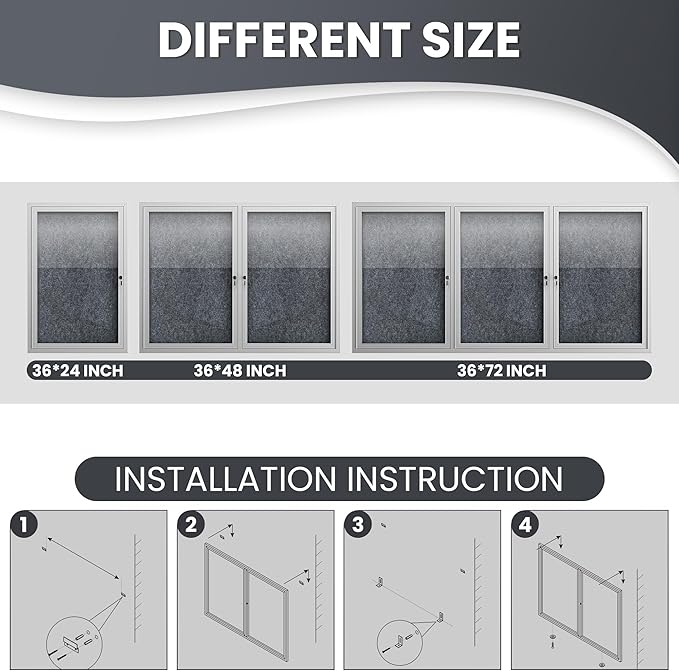 48"x36" Lockable Enclosed Bulletin Board, Outdoor Flet Weather-Resistant Aluminum Frame Notice Board, Wall Mounted Display Case Acrylic Doors for School,Office,Silver Frame w/Grey Flet