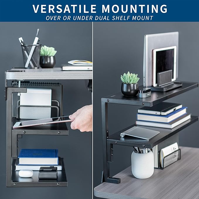 VIVO Clamp-on 24 inch Above or Below Desk 2-Tier Shelving Unit for Table Accessories, Gaming Devices, and More, Storage Tray, Desktop Organizer, Black, STAND-SHELF24C