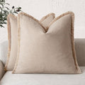 Foindtower Set of 2 Decorative Linen Fringe Throw Pillow Covers Boho Farmhouse Cushion Cover with Tassels Accent Pillowcase for Couch Chair Sofa Bed Living Room Home Decor,22×22 Inch,Tan Beige