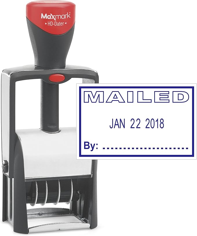 MaxMark Heavy Duty Self Inking Date Stamp with Phrase Mailed - Blue Ink