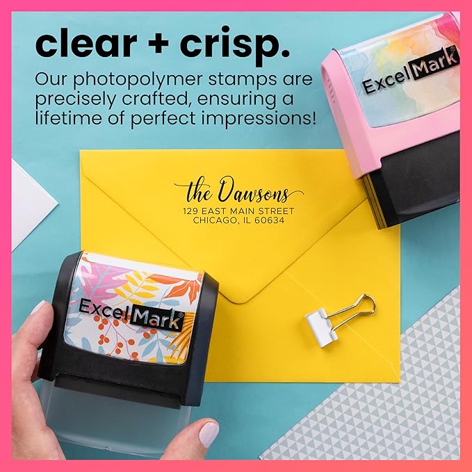 ExcelMark Address Stamp - Custom Return Address Stamp with Elegant Designs, Vibrant Colors & Patterns – Perfect for Mail, Invitations & Gifts (Seafoam Mount, Signature Script)