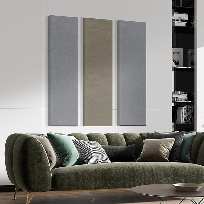 2” Thick Acoustic Panels with Hanging Brackets to the Wall, 2 PCS 47.2” x 11.8” Fiberglass Sound Absorbing Panels for Home Theater Church Office Wall or Ceiling, Light Grey