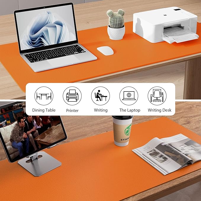 Aothia Leather Desk Pad Protector, Mouse Pad, Office Desk Mat, Non-Slip PU Leather Desk Blotter, Laptop Desk Pad, Waterproof Desk Writing Pad for Office and Home (23.6" x 13.7", Hermes Orange)