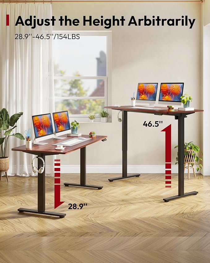 SANODESK Electric Standing Desk 48 x 30 Inches Whole-Piece Desktop Height Adjustable Stand Up Desk w/6-Button Controller Ergonomic Computer Desk for Home Office, Black Frame + Mahogany Tabletop
