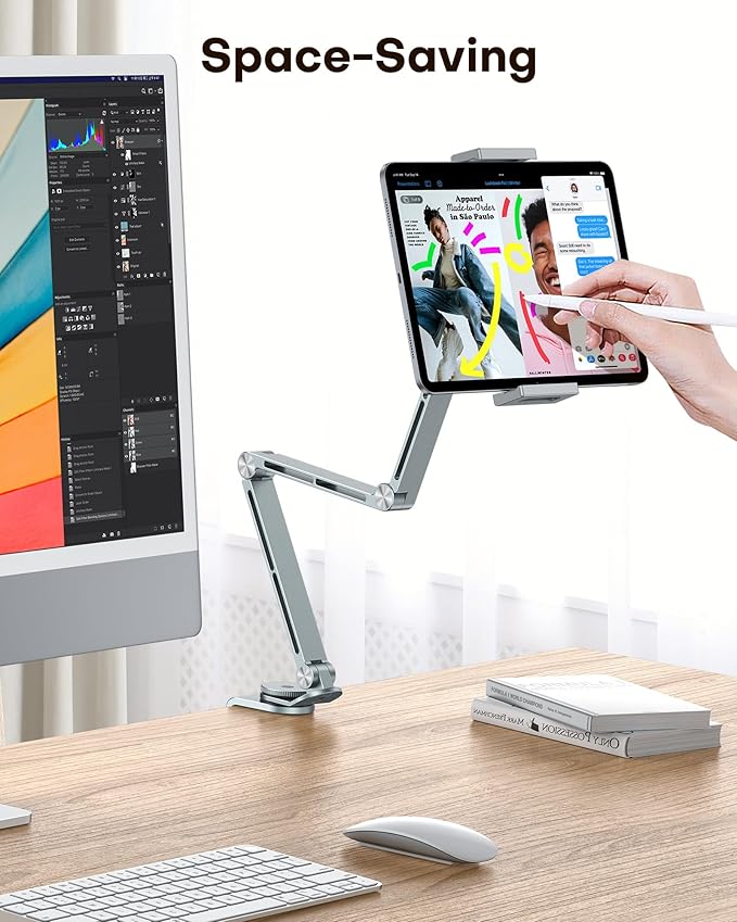 OMOTON GH03 Adjustable Tablet Stand for iPad, Desk Phone Holder for Bed with 2 Clamps, Flexible Aluminum Alloy Mount with 360° Rotation for 4-13" Devices