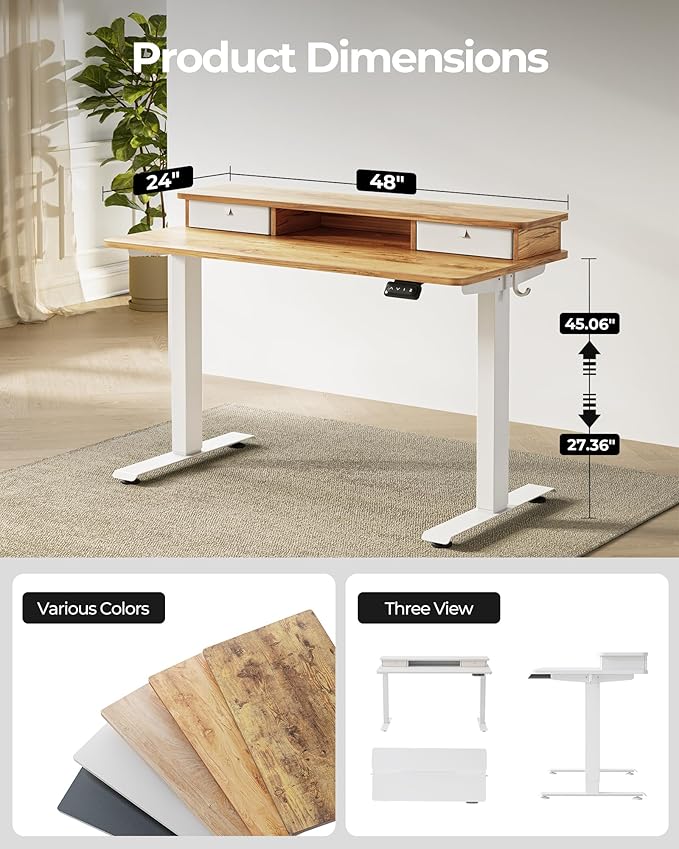 FEZIBO 48'' x 24'' Standing Desk with Double Drawers, Adjustable Desk, Home Office Stand Up Table with 4 Height-Adjustable Feets & 2 Hooks, Light Rustic