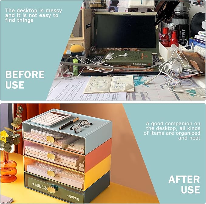 DETEIN 2 PACK Stackable Desk Organizer with Drawer Desktop Storage Drawer Box Plastic Desk Stationery Organizer for Office Supplies, Pens, Mails, Makeup, Letters (Blue, M - 1 Drawer, Pack of 2)