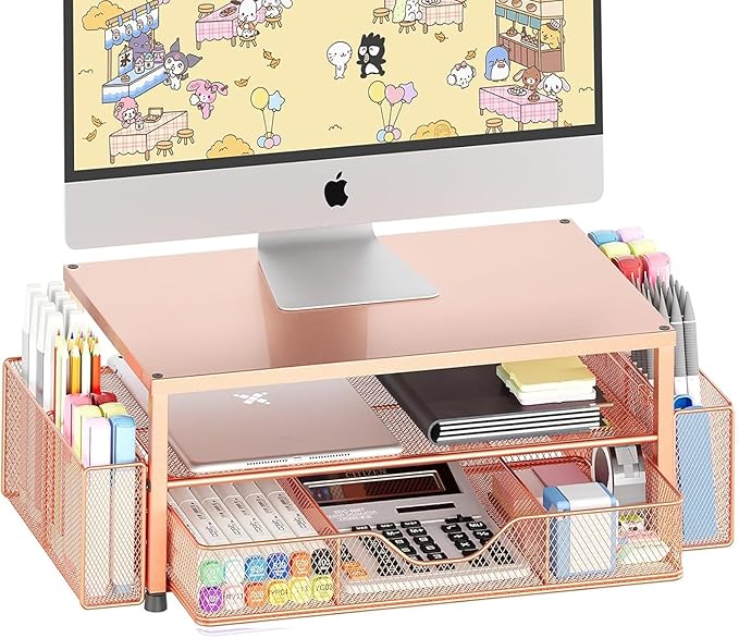 OPNICE Desk Organizers and Accessories, 2-Tier Computer Monitor Stand with Drawer and 2 Pen Holders, Laptop Stand, Office Desk Accessories for Office Supplies, Rose Gold
