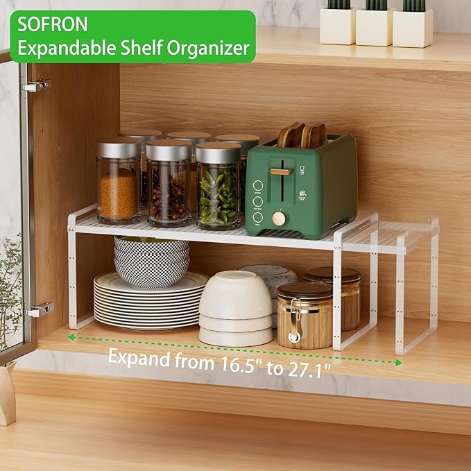 SOFRON Expandable Cabinet Storage Shelf Stackable Organizer Rack for Kitchen Bathroom Pantry Spice Cupboard Coffee Countertop Home Office Desk Heavy Duty Nonslip White Small 2 Packs