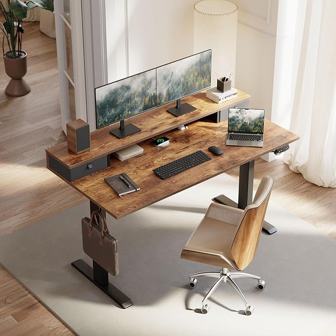Klicelor 63 Inch Electric Standing Desk with Drawers, Adjustable Height Small Sit Stand Desk for Home Office, Compact Computer Workstation with Storage– Rustic Brown