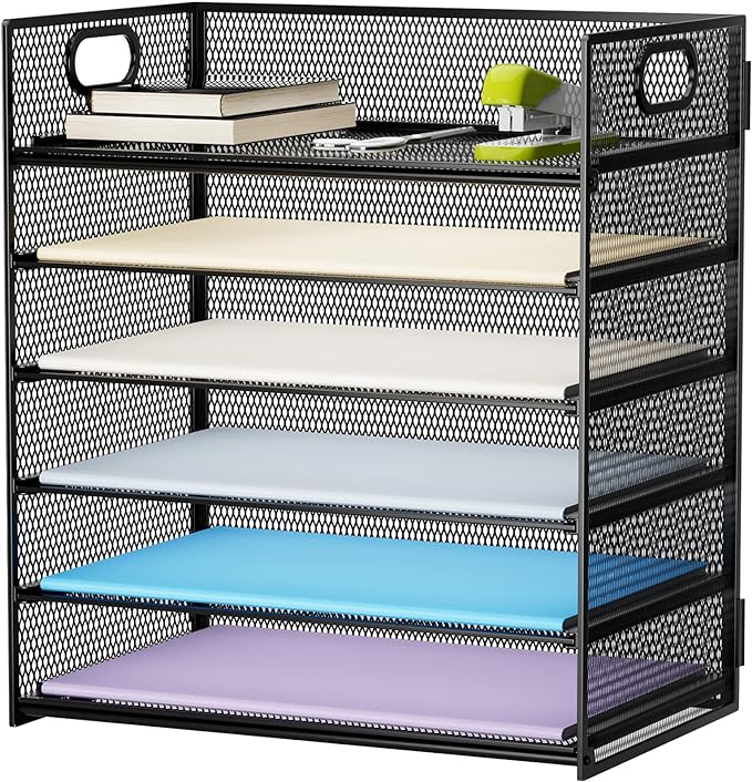 Marbrasse 6 Tier Paper Organizer Letter Tray - Mesh Desk File Organizer with Handle, Paper Sorter Organizer for Letter/A4 Office File Folder Holder - Black