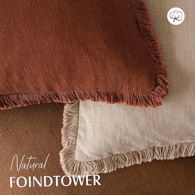Foindtower Set of 2 Decorative Linen Fringe Throw Pillow Covers Boho Farmhouse Cushion Cover with Tassels Soft Accent Pillowcase for Couch Sofa Bed Living Room Home Decor,18×18 Inch,Orange Brown