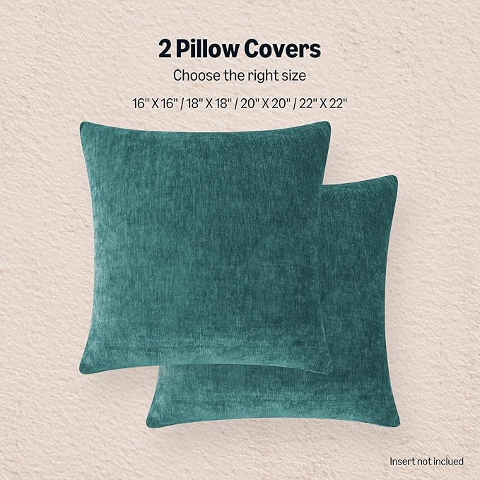 Amazon Basics Chenille Throw Pillow Covers, Home Decor Cushion Cover for Bedroom Living Room Couch Bed, 22" W × 22" L, Deep Teal