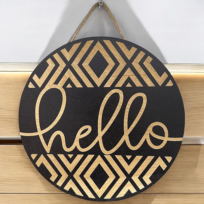 Wood front door sign Wood sign Home decor Welcome sign Sign for front door House warming gift Wedding gift (Hello Geometric-UV028(NB) S008, 11" Width)