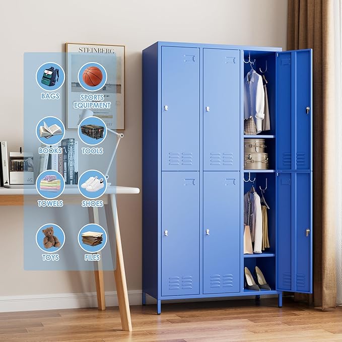 SUPEER 6 Doors Metal Locker for Employees with 18 Hooks and Business Card Holder,Metal Locker with Ventilation Holes for School Garage Office Gym Home,Assembly Required,Blue