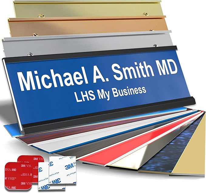 Personalized Name Plate with Choice of Mounting Holders for Walls, Doors, Cubicles, Hanging and More - Custom Blue Plastic White Letters - USA Made 2x12 - B9