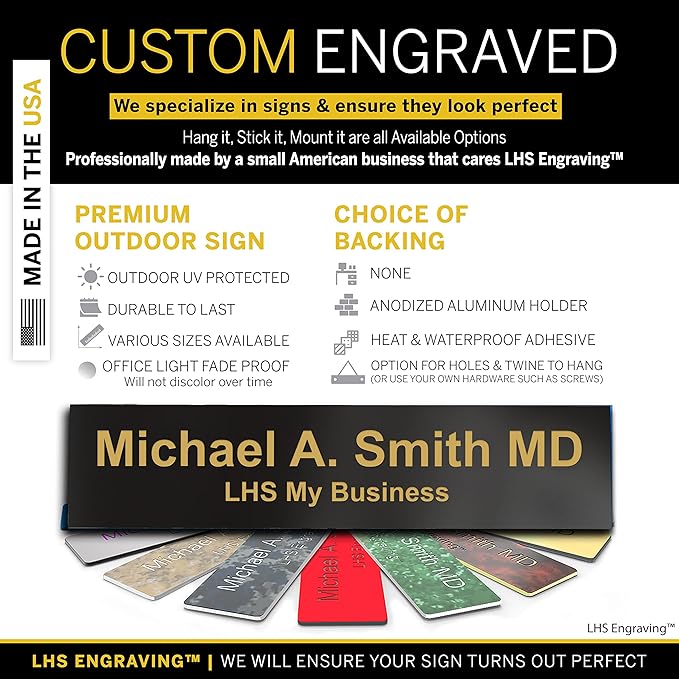 Custom Name Plate with Choice of Mounting for Walls, Doors, Desk Holders, Cubicles, Hanging and More - Personalized Gloss Black Plastic Gold Letters - USA Made 2x8 - B3