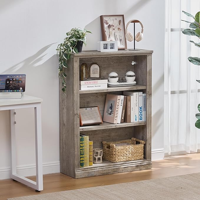 RWYHG 43" Grey Tall Bookshelf Set of 2,3-Tier Thick Wooden Book Shelf with Adjustable Shelves,Free Standing Farmhouse Bookcase with Open Display Storage,Floor Vintage Bookshelves for Living Room
