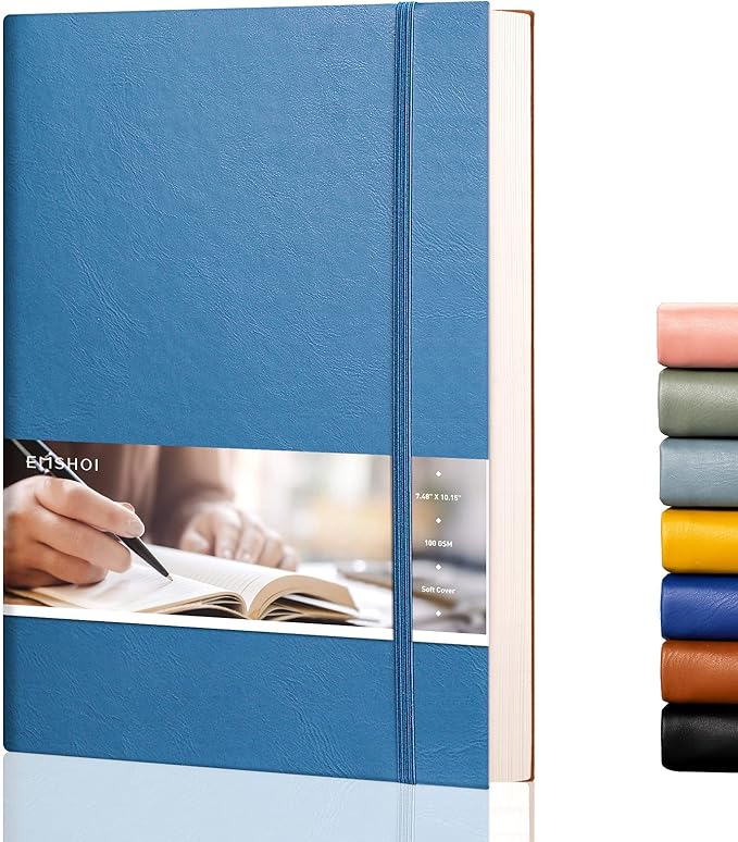 EMSHOI Dotted Journal Bullet Notebook,192 Numbered Pages B5 Large Dot Grid Composition Notebook with 100gsm Thick Dotted Paper, Softcover Leather, Inner Pocket, 7.48"x10.15"-LightBlue
