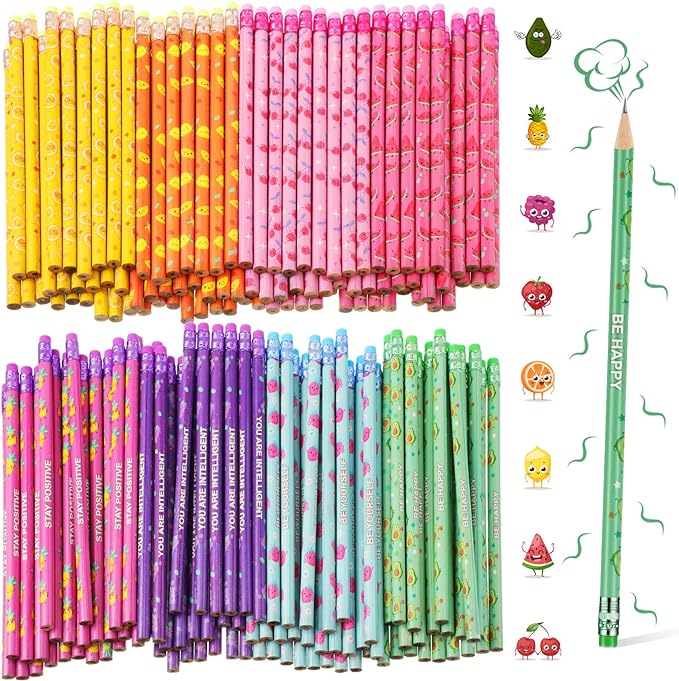 Leinuosen 100 Pcs Scented Pencils Bulk for Kids Inspirational Cute Fun Wood Smelly Pencils with Erasers Fruit Elements for School Classroom Office Students