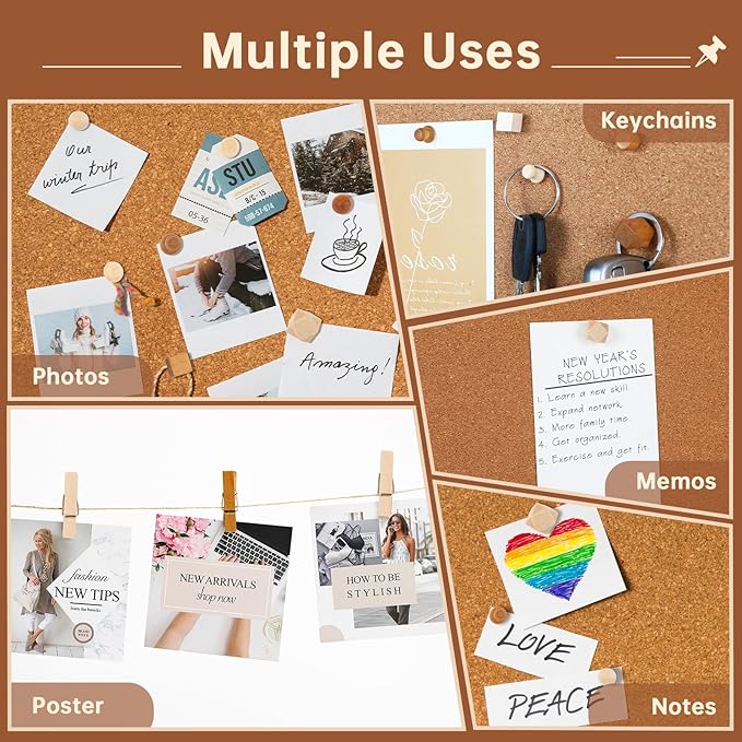GOOLADA 300Pcs Wooden Push Pins,2 Colors and 7 Types Decorative Thumb Tacks, Cute Thumb Tacks, Wood Pushpins for Cork Board, Wooden Thumbtacks for Bulletin Board, Cubicle Wall, Cork Board Accessories