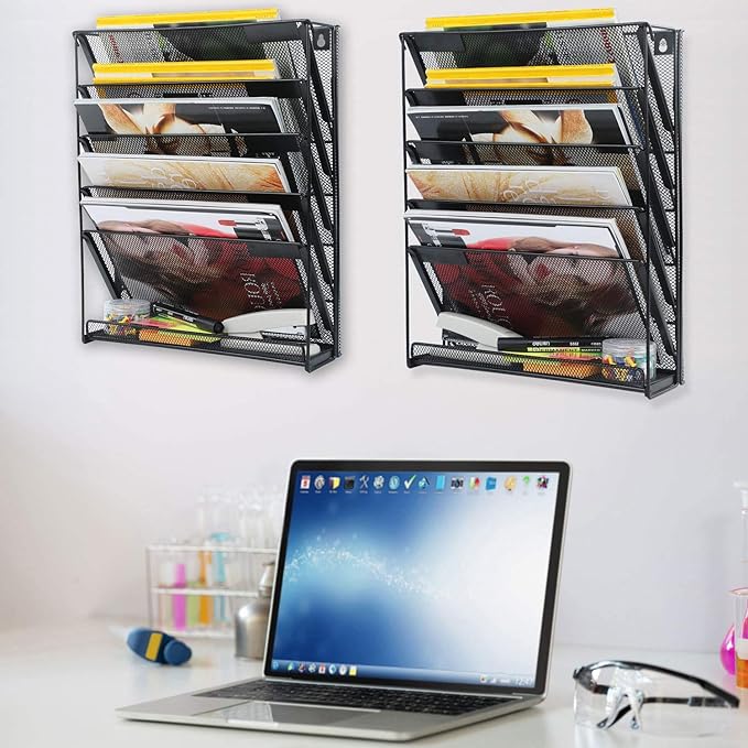 samstar 2 Pack Wall File Organizer, 6-Tier Wall Mount Paper Holder Vertical File Rack for Office Home, Black.