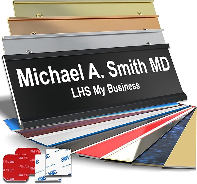 Personalized Name Plate with Choice of Mounting Holders for Walls, Doors, Cubicles, Hanging and More - Custom Black Plastic White Letters - USA Made 2x6 - B2