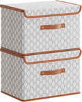 Tuza 2 Pack Fabric Storage Bins with Lids, Collapsible Closet Organizer Container, Decorative Storage Boxes with Lids for Organizing Clothes, Blanket, Grey & White, Large