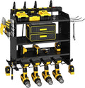 CFMASTER 4-Layer Wall-Mounted Power Tool Organizer Rack,Heavy Duty Adjustable Shelves Organizer for Cordless Power Tool Batteries,Space-Saving Garage & Workshop Charging Station 8 Outlets Power Strip