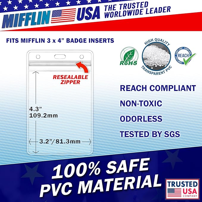 Mifflin-USA Large (L) Vertical ID Badge Holders (Clear, 3x4 inch, 50 Pack), Plastic Nametag Covers with Zipper, Name Tag Holder