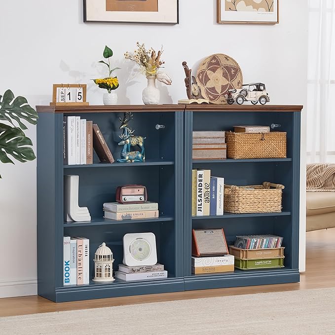 RWYHG 43" Blue Tall Bookshelf Set of 2,3-Tier Thick Wooden Book Shelf with Adjustable Shelves,Free Standing Farmhouse Bookcase with Open Display Storage,Floor Vintage Bookshelves for Living Room