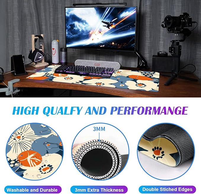 Cute Anime Flower Mouse Pad, Women's Office Desk Accessory Decoration, Expanded Mouse Pad 35.4 x 15.7 x 0.12 Inch Sewn Edge Non Slip Rubber Base
