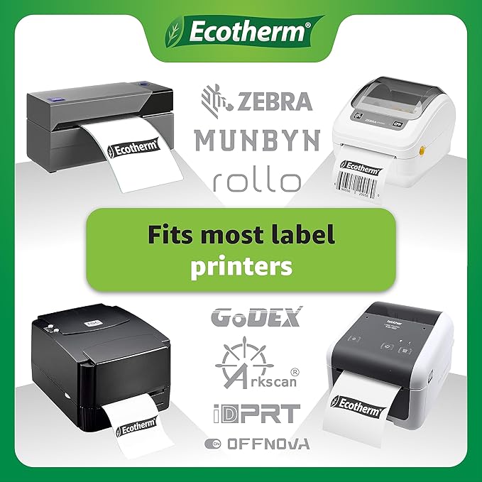 4" x 6" Thermal Labels | 4 Rolls | 1100 Labels | fits Zebra, Munbyn, Rollo, Godex, Arkscan, iDPRT, Offnova Thermal Label Printers and More | Blank White Adhesive Stickers by Ecotherm