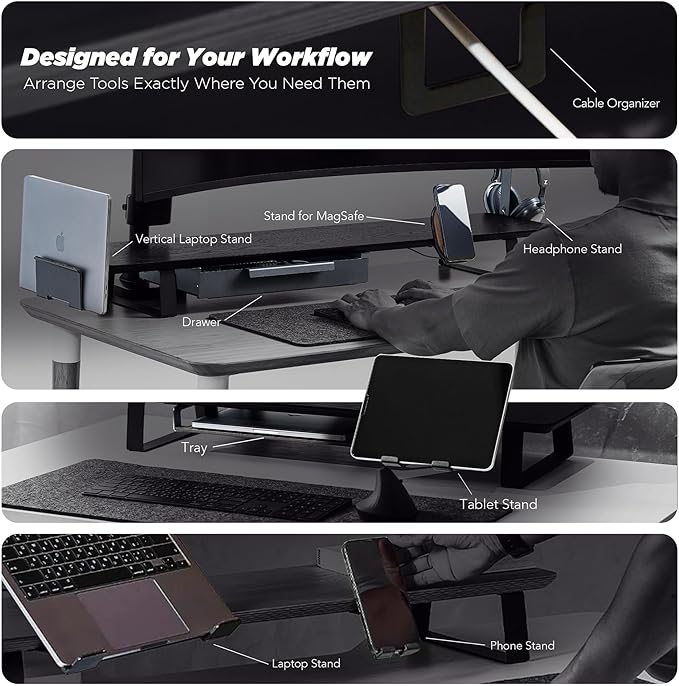 ULTRARM Moodular Wooden Monitor Stand 45.6” (116cm) Large Desk Organizer with Metal Slide Rails for Drawer, Tray, Laptop, Tablet, Phone & Headphones Customizable Riser for Organized Workspace Walnut