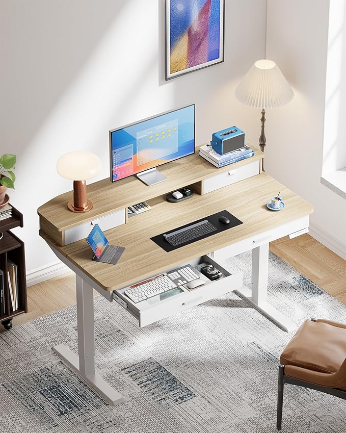 HUANUO 48 x 30 inch Electric Standing Desk with 4 Drawers, Adjustable Height Sit Stand Home Office Desk with Two Tiers, Ergonomic Adjustable Stand up Desk C-Clamp Monitor Mount Compatible, Natural