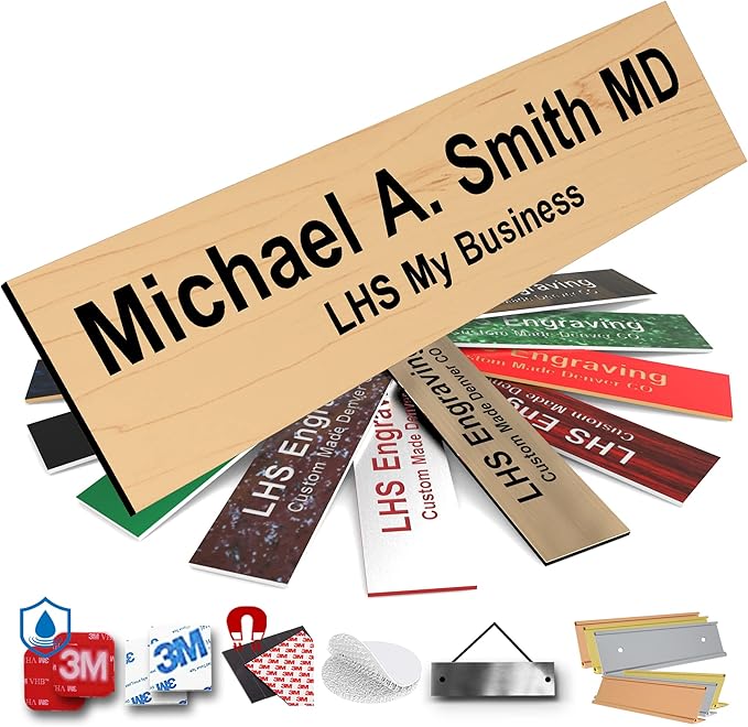 Engraved Name Plates for Door Sign Personalized Cashew Plastic Plaque with Black Letters - Made in USA 2x8 N6