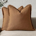 Foindtower Set of 2 Decorative Linen Fringe Throw Pillow Covers Cozy Boho Farmhouse Cushion Cover with Tassels Soft Accent Pillowcase for Couch Sofa Bed Living Room Home Decor,16×16 Inch,Orange Brown