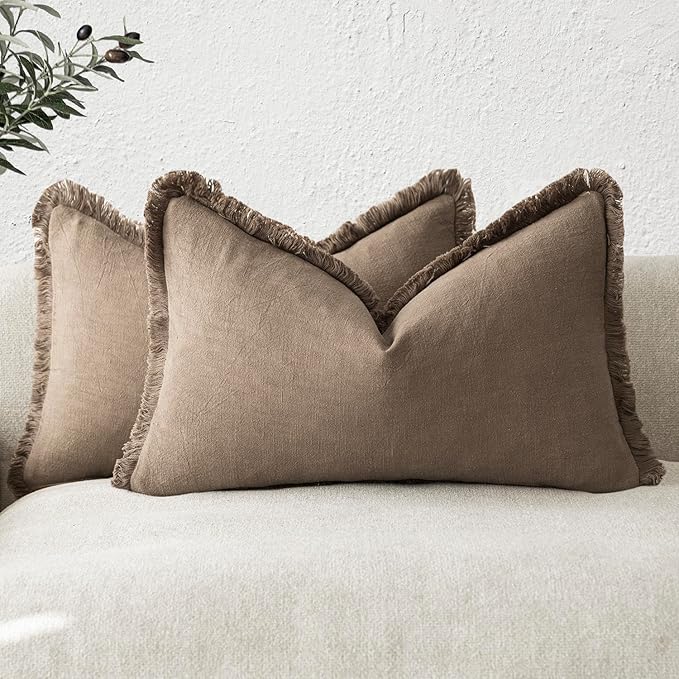 Foindtower Set of 2 Decorative Linen Fringe Lumbar Throw Pillow Covers Boho Farmhouse Cushion Cover with Tassels Soft Accent Pillowcase for Couch Sofa Bed Living Room Home Decor,12×20 Inch,Light Brown