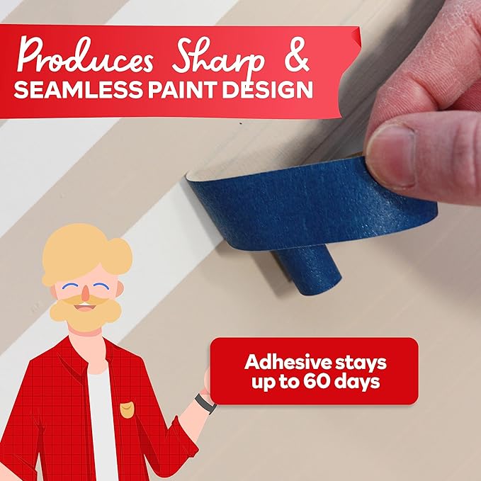 XFasten Blue Painter's Tape, 2 Inch x 60 Yards (12-Pack) Blue Painters Masking Tape Bulk - Sharp Edge Line Technology, Produces Sharp Lines | Residue-Free and Artisan Grade Wall Trim Tape