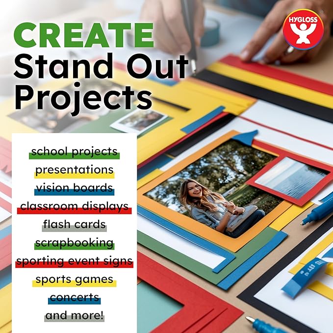 Hygloss Small Colored Poster Board 4x11 - 100 Assorted Standard Color Poster Boards Bulk Pack - Red, Yellow, Green, Blue, Black - 10 Pt. Thickness Poster Board Paper - Posterboard Multipack 4" x 11"